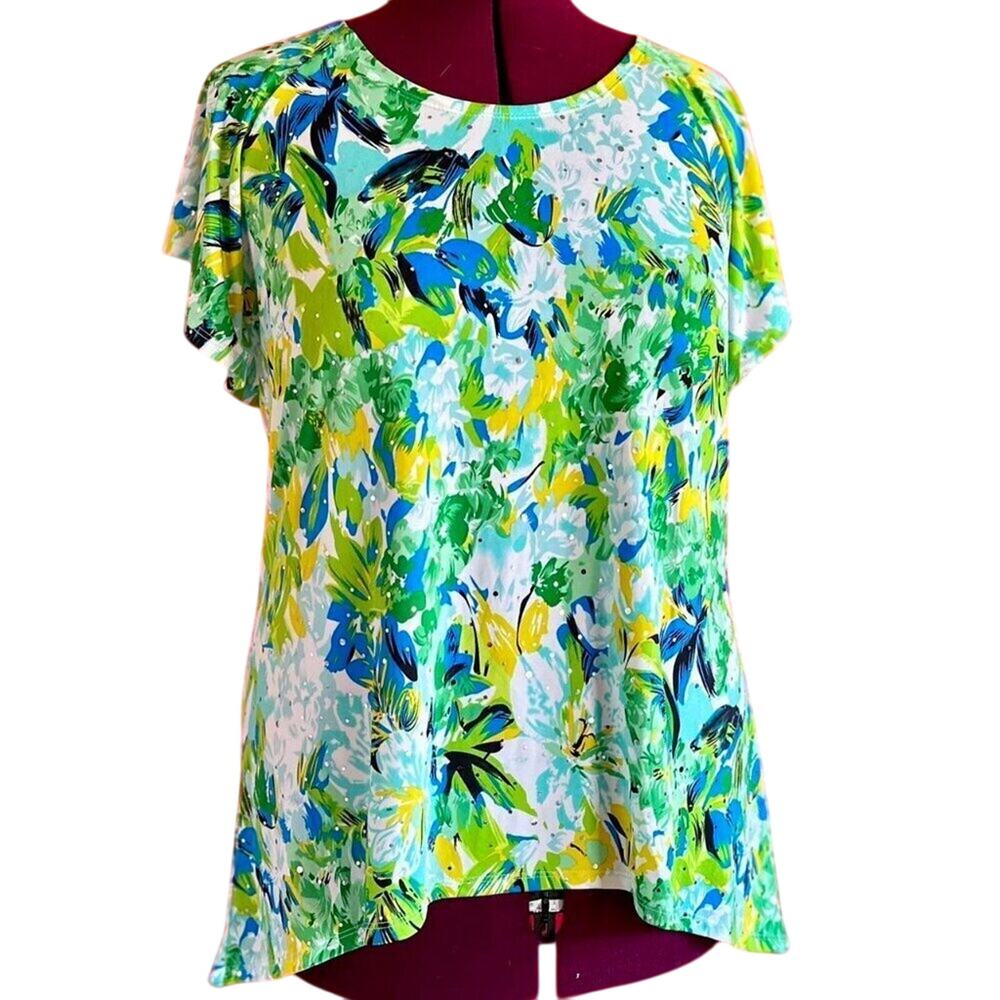 Womens Shirt Size Large Green Blue Floral Resort Wear Vacation Ready Packable
